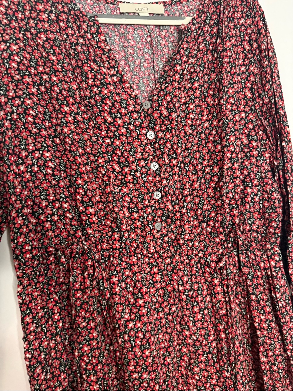 LOFT Red Floral Long Sleeve Button-Front Dress with adjustable sides - Picture 5 of 8